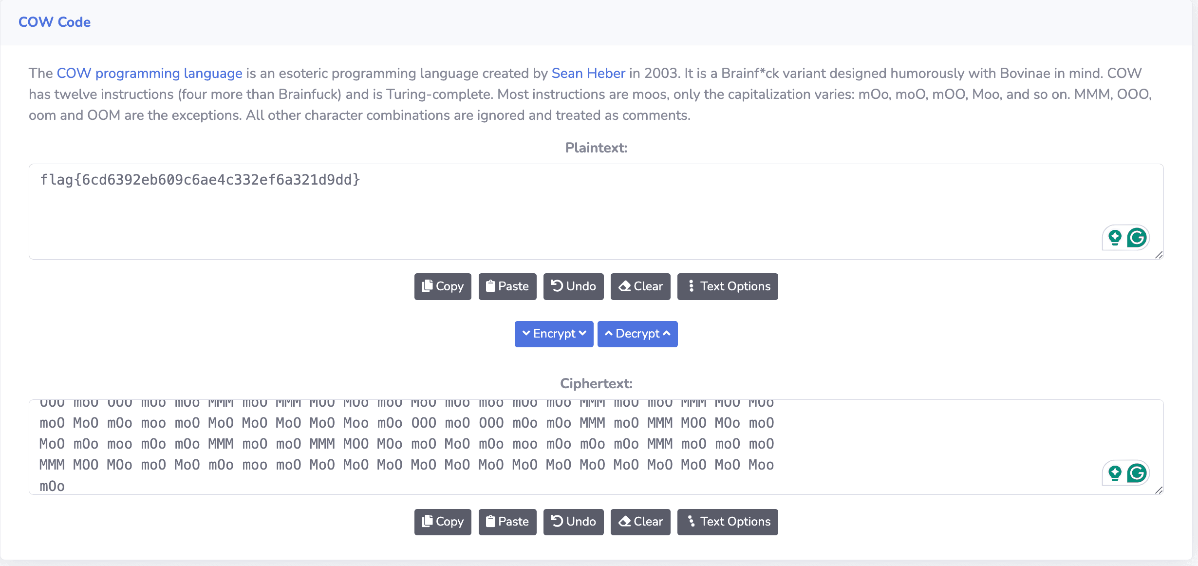 Image showing COW Code Decryption Tool Output