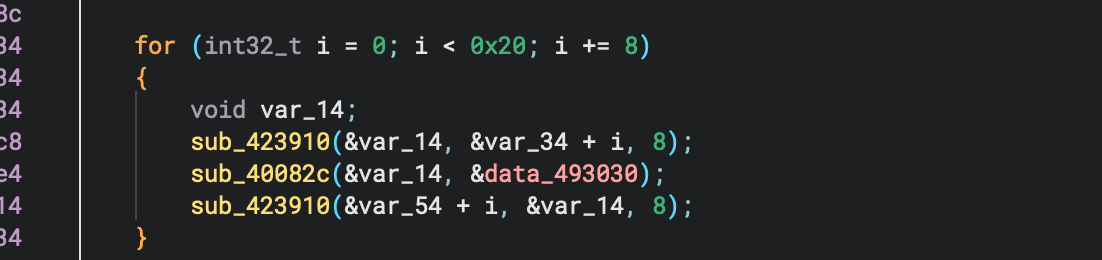 Image showing a key section in the decompilation which will help us figure out what encryption this binary is using.