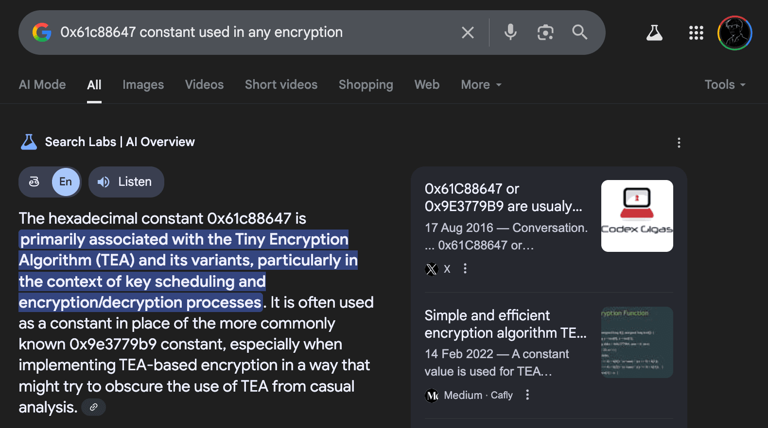 Image showing a google search about the `0x61c88647` constant to see if it is part of any encryption.