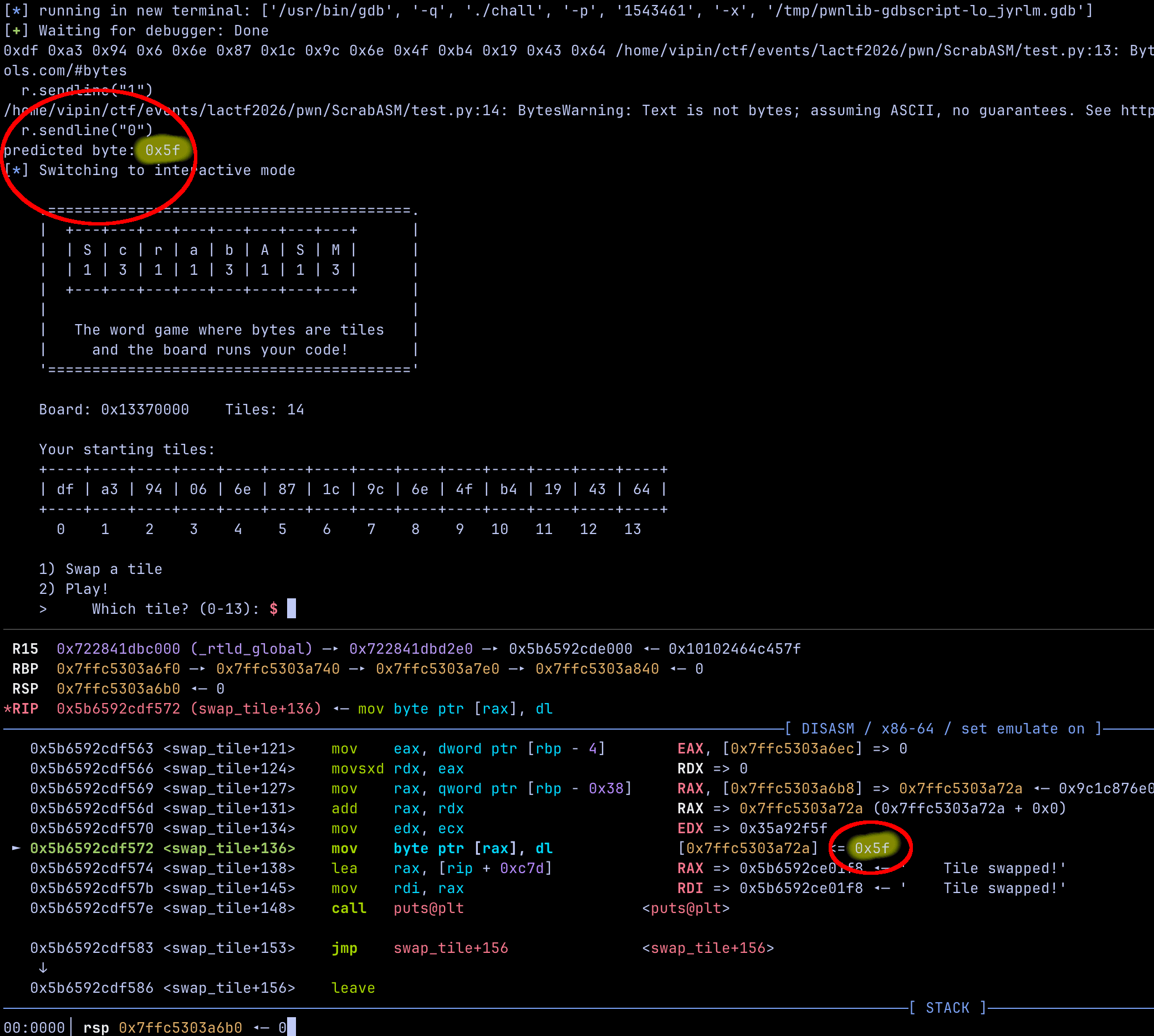 GDB showing that we predicted correctly Image showing us predicting the tile and comparing it against the debugger to prove we predicted it correctly.
