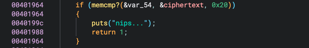 memcmp check to see if it matches Image showing a line from the main function which checks against the encrypted text if it matches the ciphertext