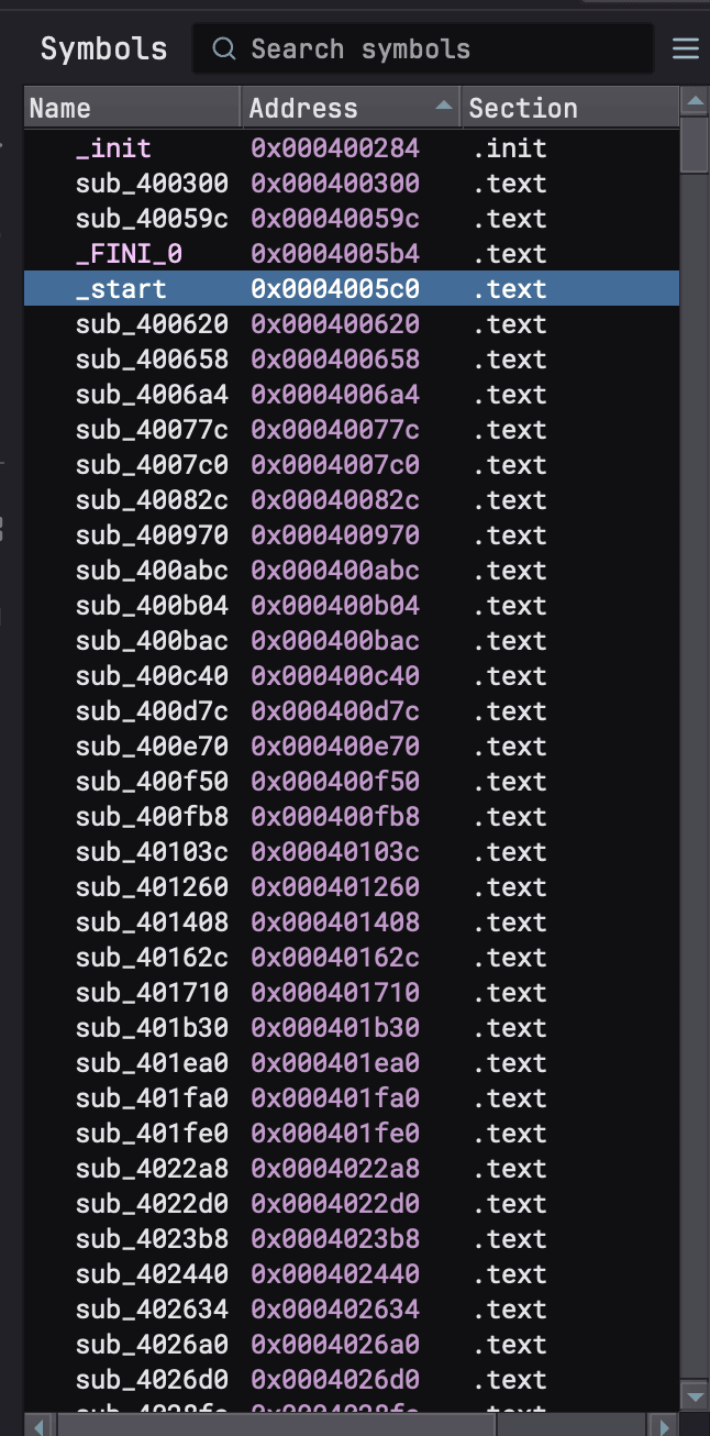 symbols Image showing the symbols view on Binja