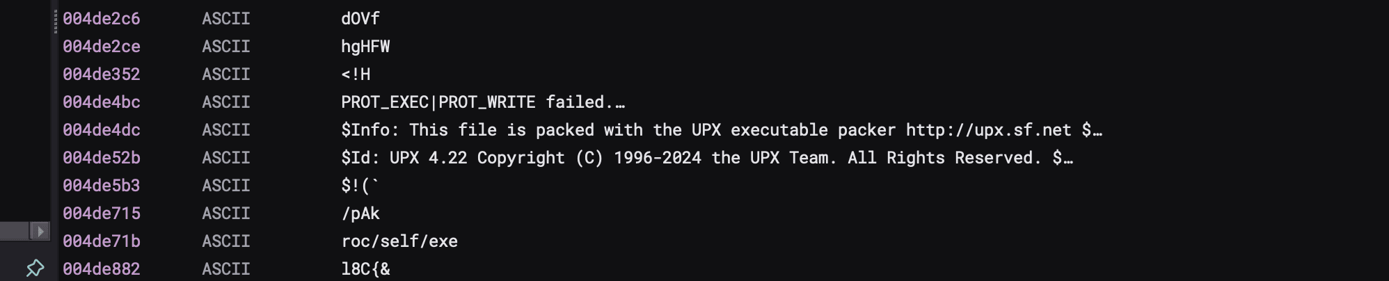 strings view binary ninja Image showing the strings view on Binja with a string about it being UPX packed