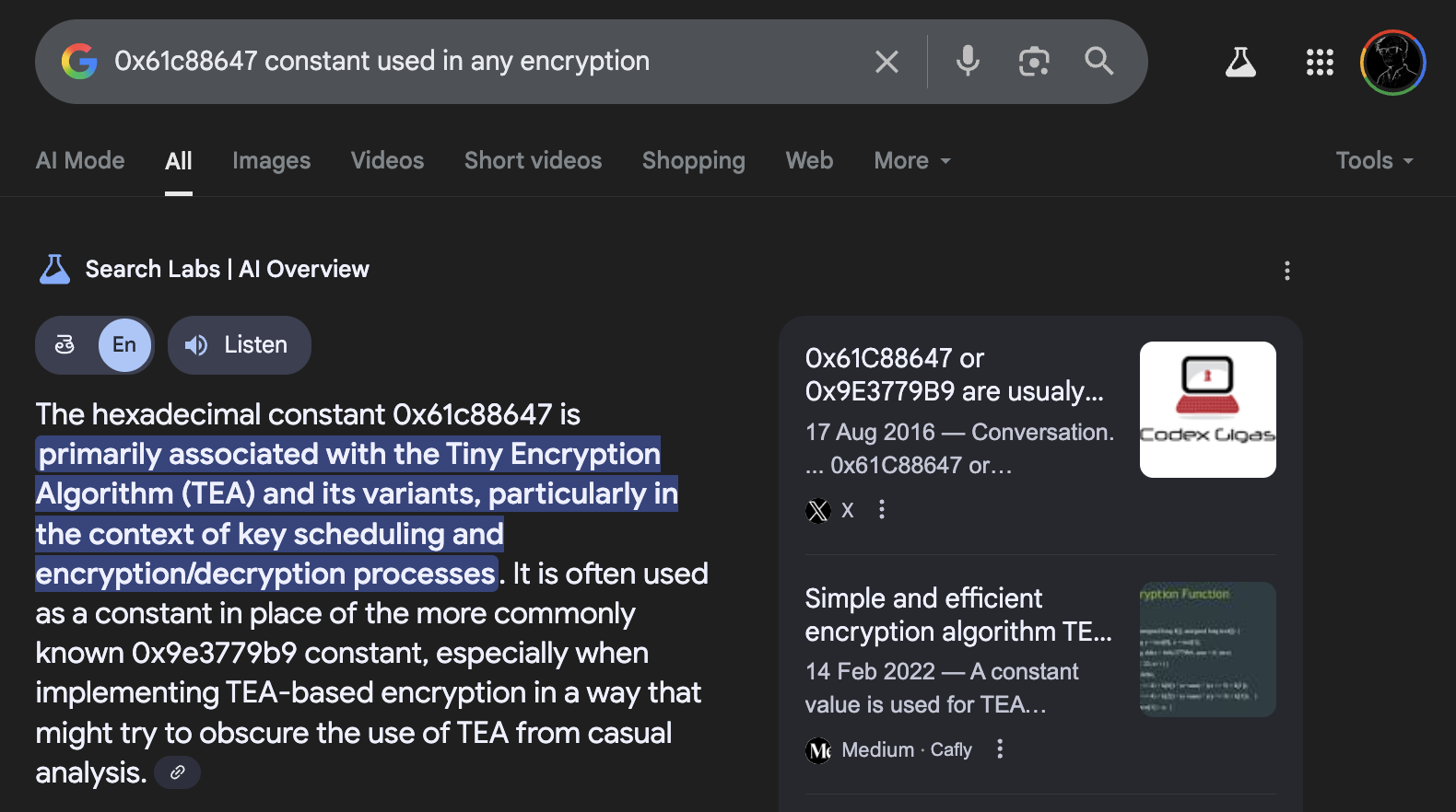 Google search for 0x61c88647 Image showing a google search about the `0x61c88647` constant to see if it is part of any encryption.